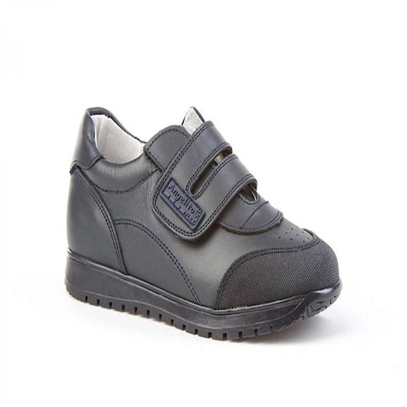 Made in Spain EU23-EU35 School Sports shoes reinforced PVC Toe Napa Leather Single Strap velcro sneakers Non Slip Rubber Black 